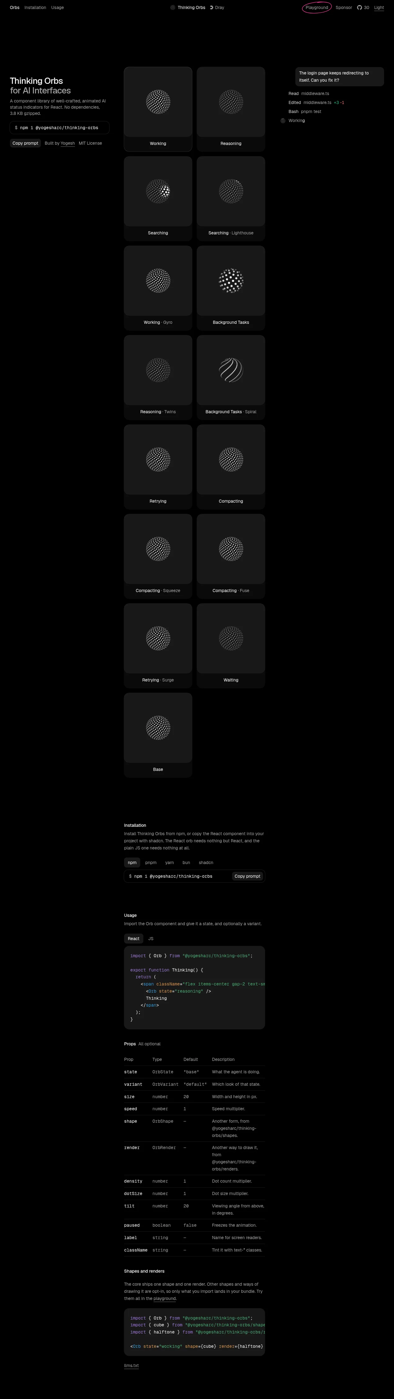 Thinking Orbs · Landing page · Minimal · Dark · Dense screenshot