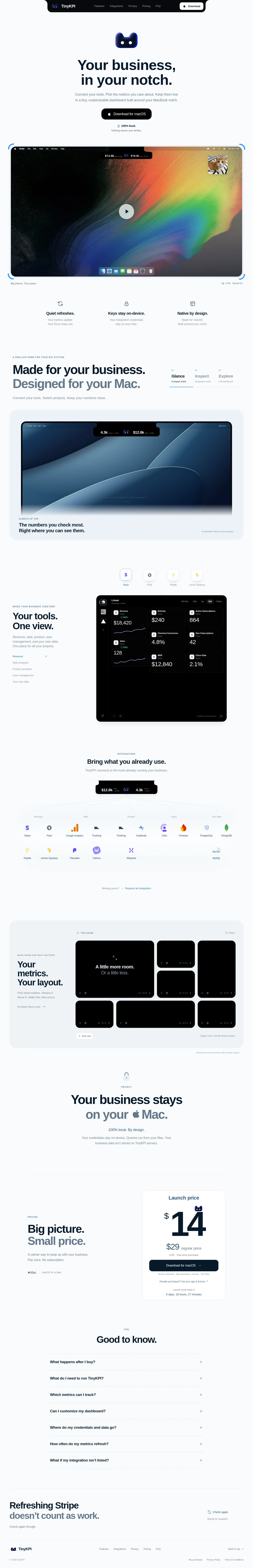 TinyKPI · Landing page · Minimal · Editorial screenshot