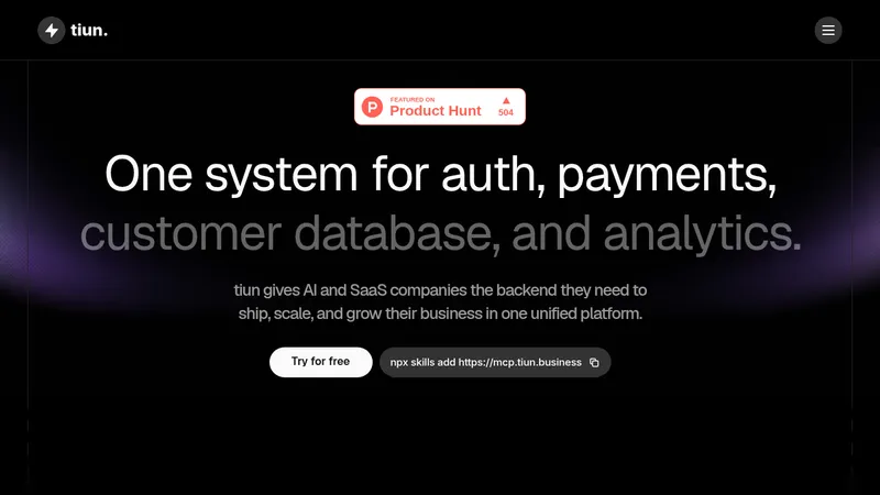 tiun. · Landing page · Dark · Minimal · Dense screenshot