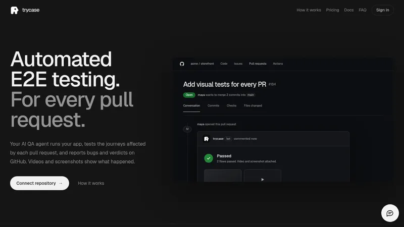 TryCase · Landing page · Dark · Minimal · Editorial screenshot