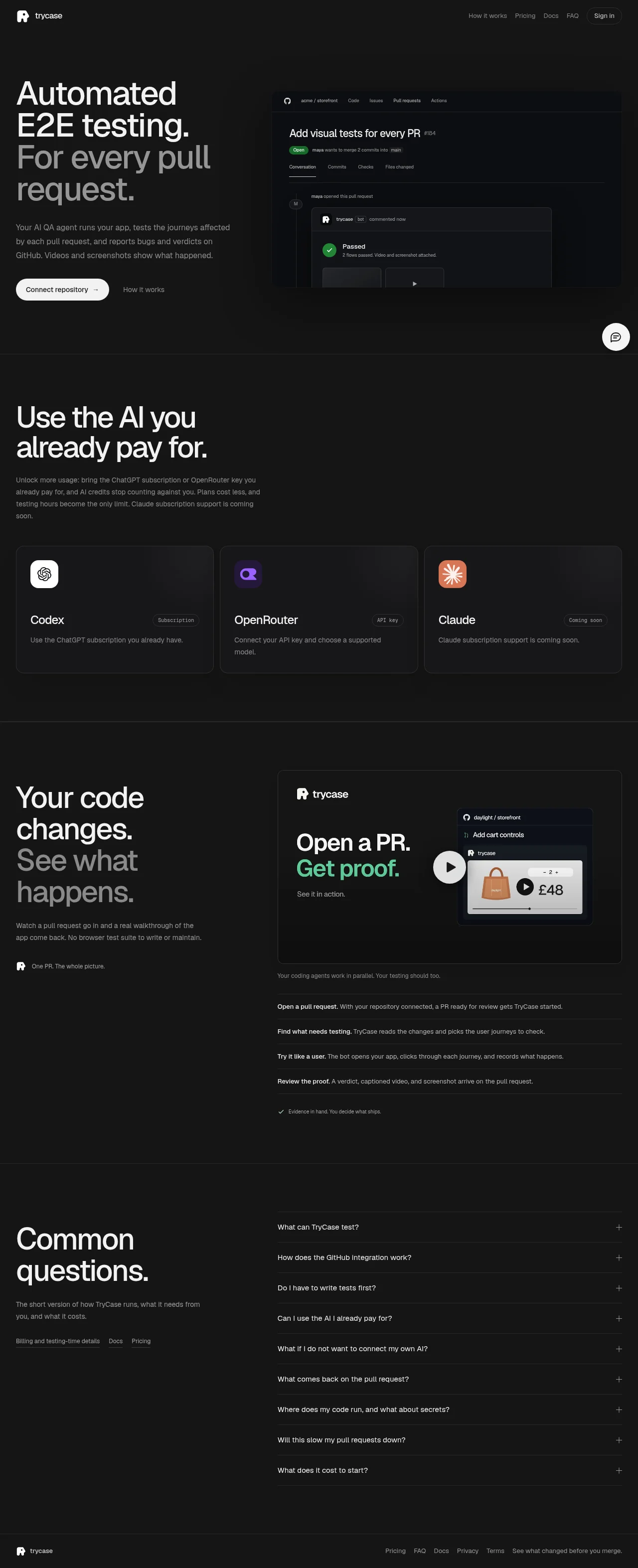 TryCase · Landing page · Dark · Minimal · Editorial screenshot
