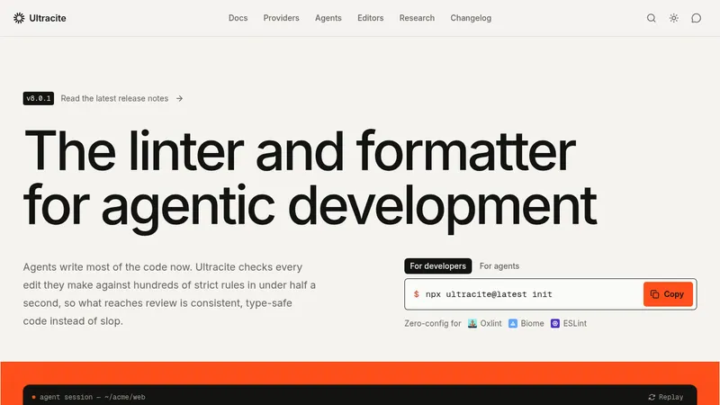 Ultracite v8 · Landing page · Minimal · Editorial · Monochrome screenshot