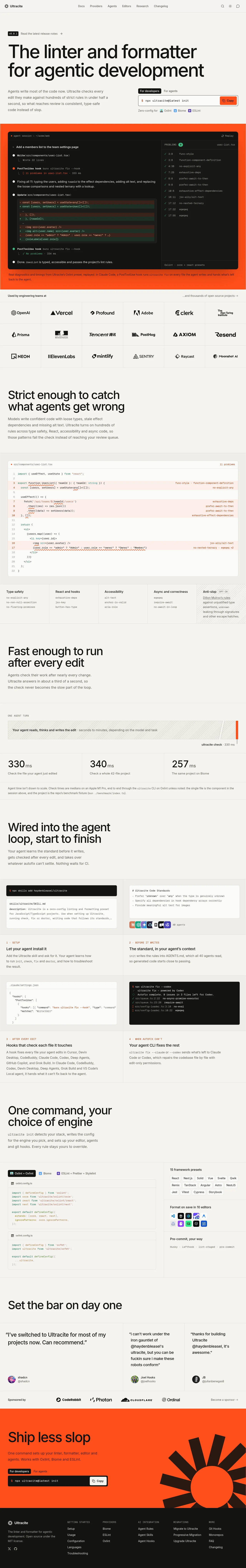 Ultracite v8 · Landing page · Minimal · Editorial · Monochrome screenshot
