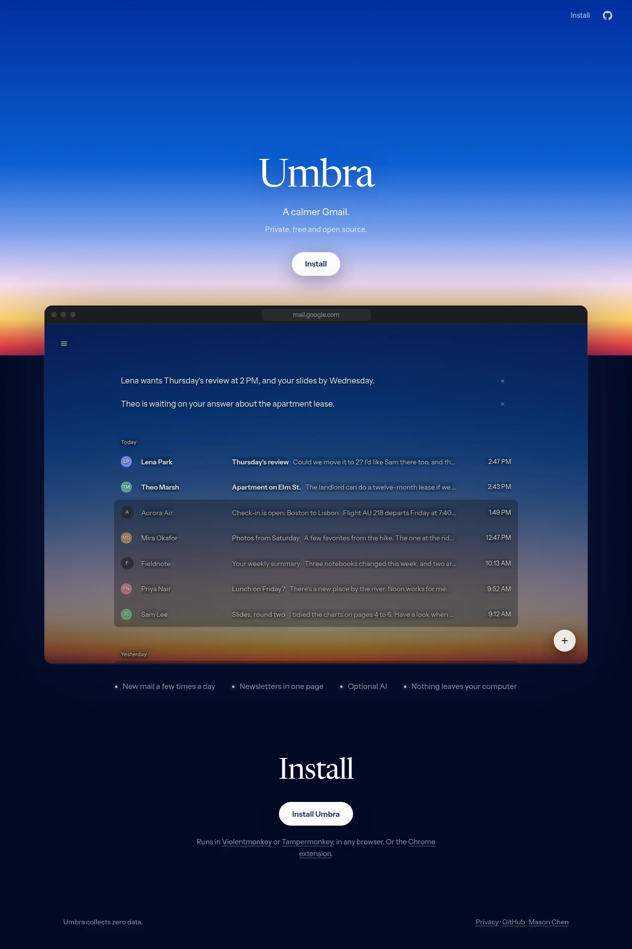 Umbra Mail · Landing page · Dark · Gradient · Minimal screenshot