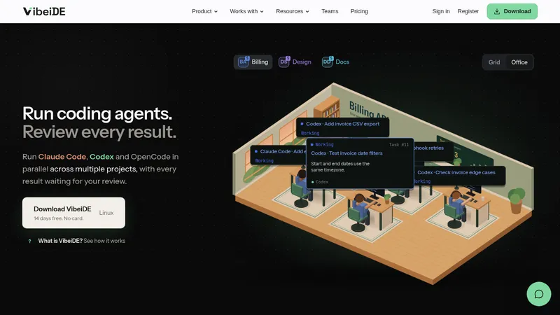 VibeiDE · Landing page · Dark · Minimal · Dense screenshot