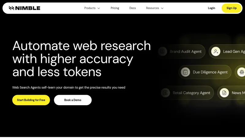 Web Search Agents by Nimble · Landing page · Minimal · Dark screenshot