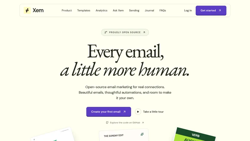 Xem · Landing page · Editorial · Playful · Minimal screenshot