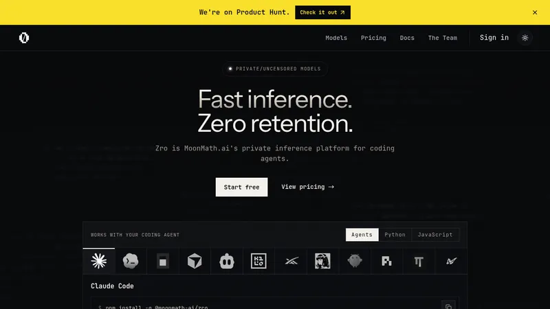 Zro: Uncensored Security Models · Landing page · Dark · Minimal · Dense screenshot