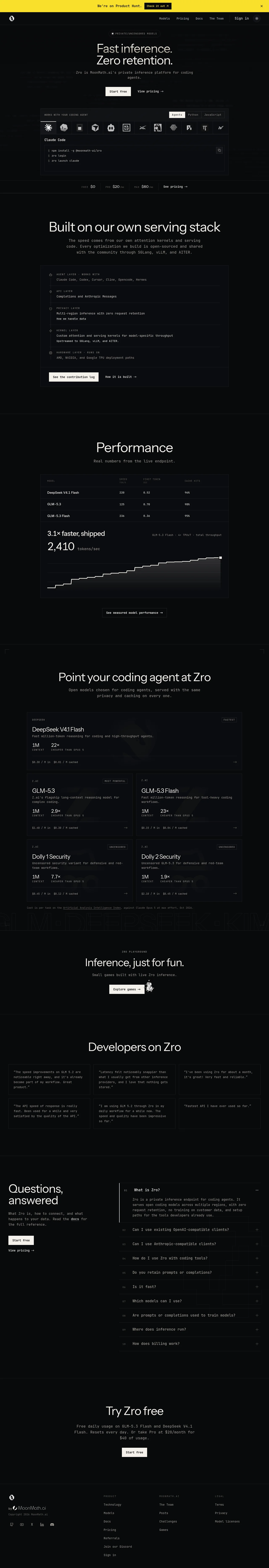 Zro: Uncensored Security Models · Landing page · Dark · Minimal · Dense screenshot